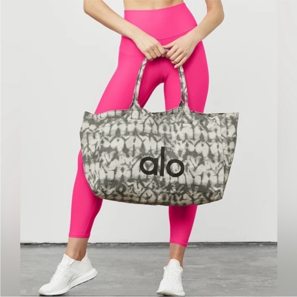 Alo Yoga Shopper Tote Bag Tie Dye Oversized Heavy Duty Canvas Grey/Black